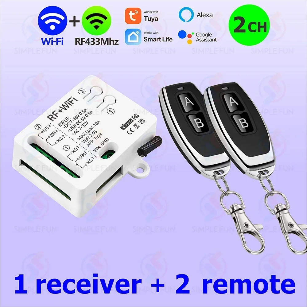 WiFi RF Remote Control Smart Light Switch 2 CH Tuya,USB 5V DC 12V 24V 48V,1-250V Dry Contact Relay,work with Alexa Google Home