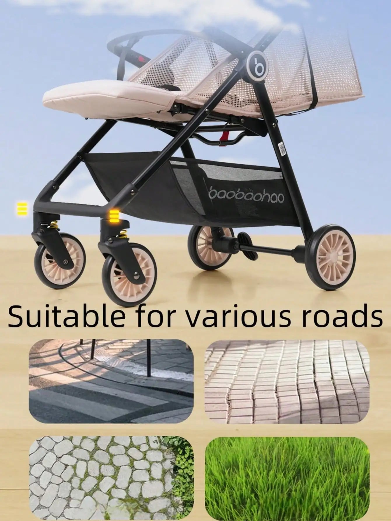 Baby stroller is lightweight, foldable, can sit or lie down, portable baby stroller with mesh design, cool and breathable