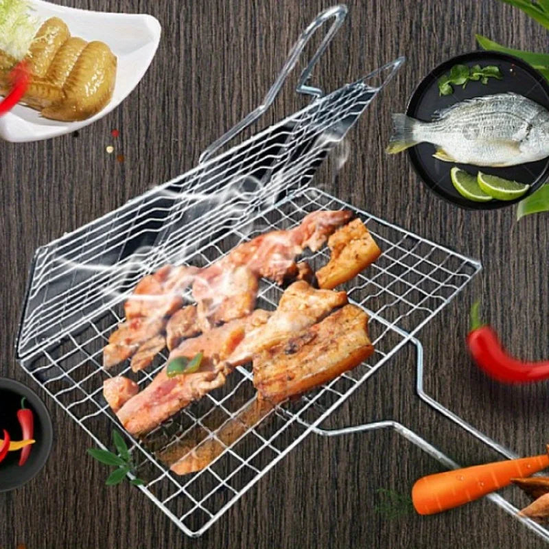 Foldable Stainless Steel BBQ Rack Thickened Grill Basket For Chicken With Large Capacity And Handle
