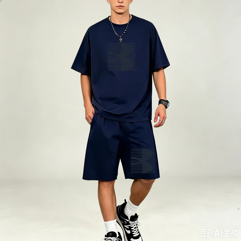 Men T‑Shirts Sets Simple Solid Color 2‑Piece Outfit Breathable Cotton T‑Shirts Sets Fashion Casual Sport Suit Workout Daily Wear