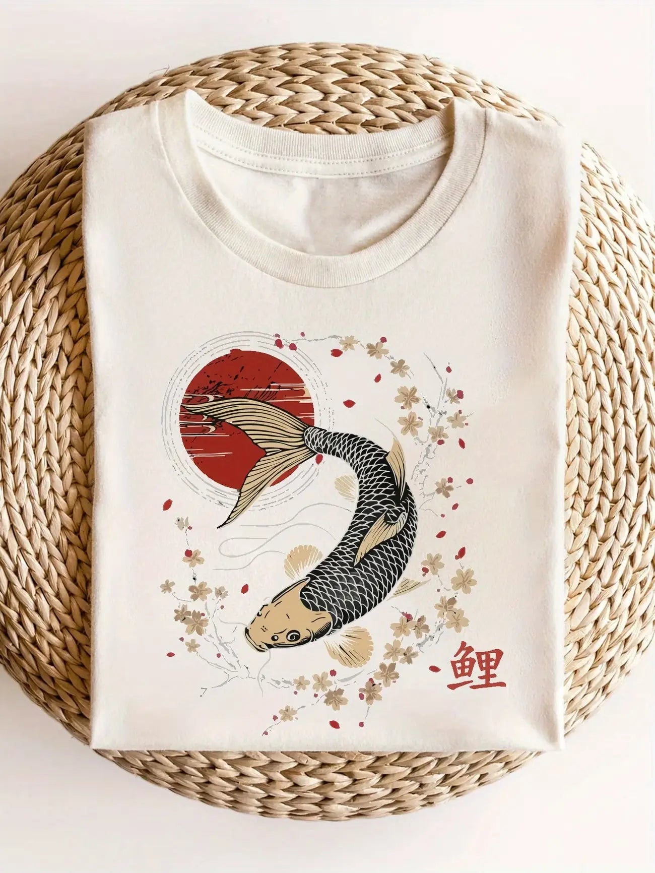 Plus size women's short sleeve T-shirt Koi Fish Cherry Blossom Sun Circle Everyday comfortable and versatile style summer
