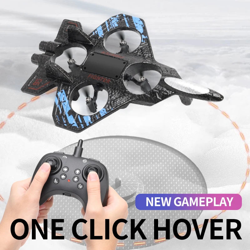 2.4G Remote-Controlled Foam Fighter Plane with Stunt Flips, Hover Capabilities, and Colored Lights.