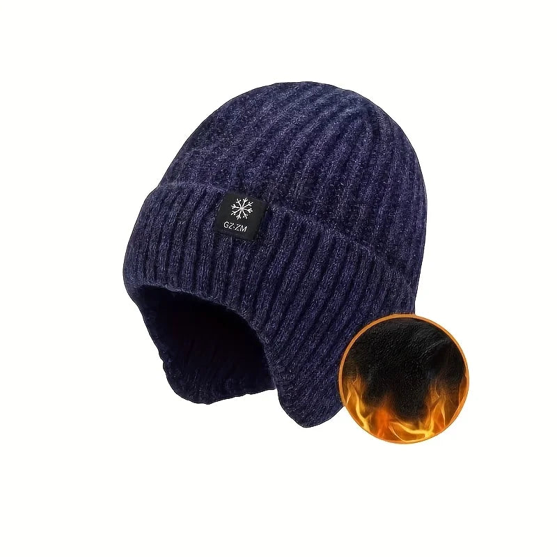 Men's Winter Thermal Faux Fur Lined Beanie with Ear Flaps, Thicken Knitted Cap for Windproof Skiing, Hiking, Cycling Bomber Hats
