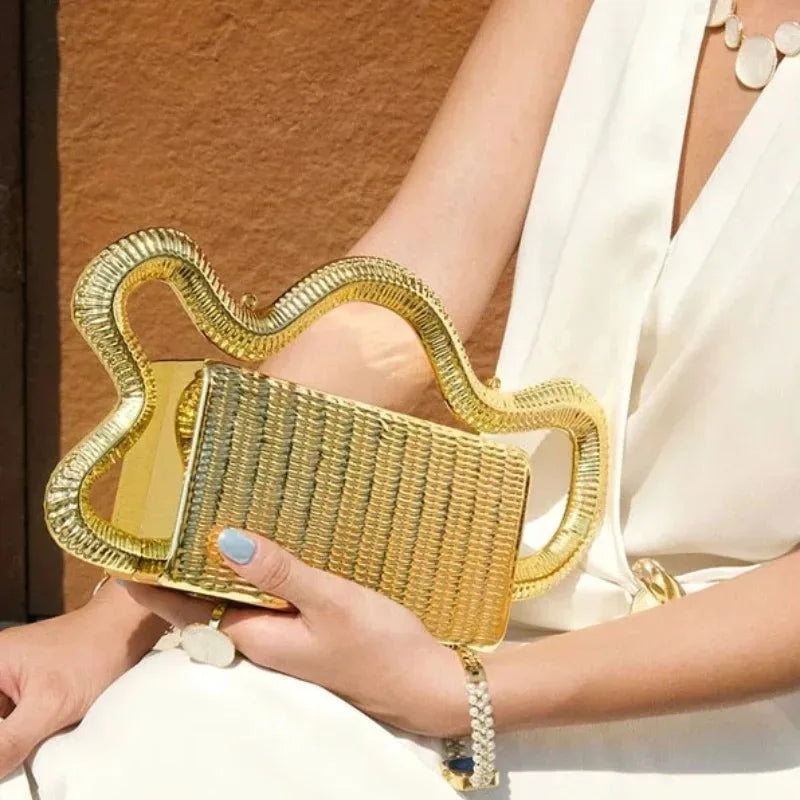 Luxury Evening Bag Designers Original New Unique Wavy Cloud Shaped Handle Box Clutch Bag Metal Textured Hard Shell Shoulder Bag