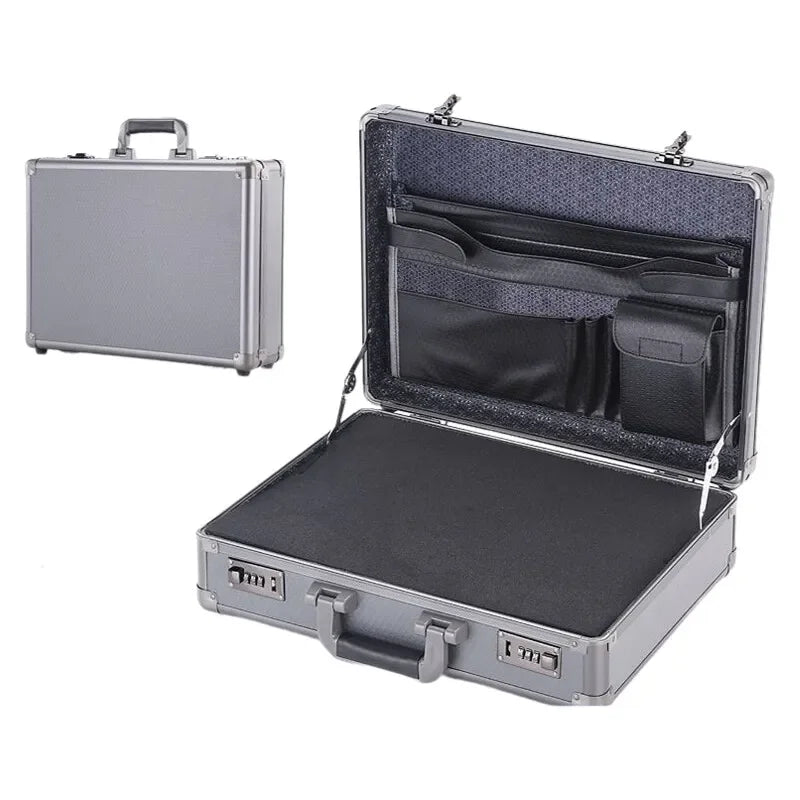 Aluminum Frame Lockable Laptop Suitcase - Portable Security Document Briefcase Strongbox With Password Lock Case Computer Files