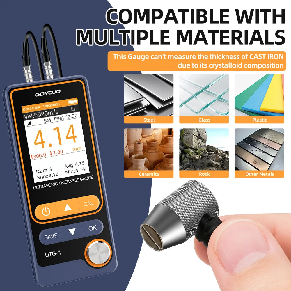 UTG-1 Ultrasonic Thickness Gauge 1-300mm ±0.4% Accuracy for Metal/Steel with Sound Velocity Measurement 1000 Data Storage