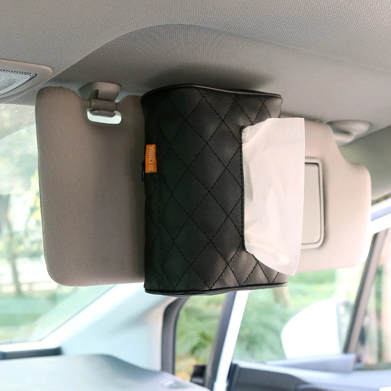 Solid Color Checkered Leather Wear-Resistant Tissue Box Car Seat Back Sunshade Hanging Tissue-Bag Buckle Strap Easy Installation