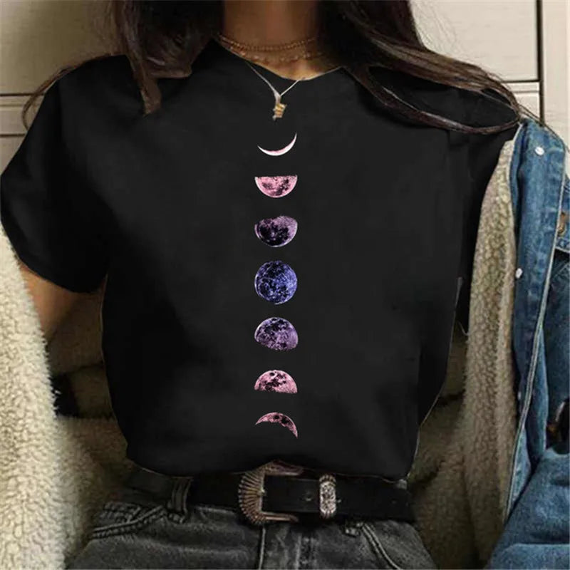 New Fashion Black Tops Funny Female T-shirt Casual Tee Woman Clothes Y2k Cute Tops Moon PrintWomen Harajuku Summer T Shirt Girl