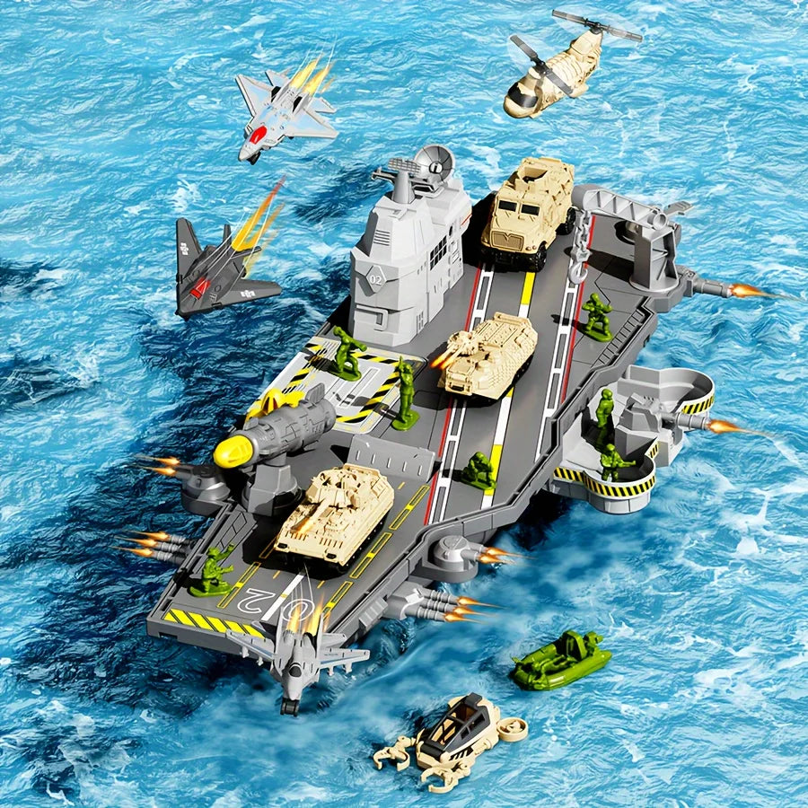 Children's Aircraft Carrier Toys Set with Military Action Figures, Aircraft Toys, Military Tanks, Helicopters and Fighter Jets