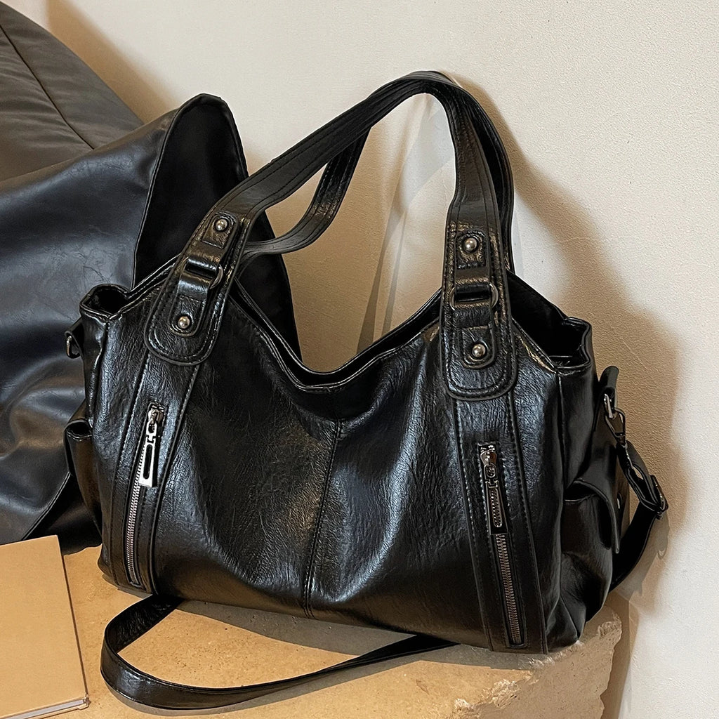 Solid color large capacity women's shoulder bag fashionable simple hand-held tote bag commuter personality messenger bag