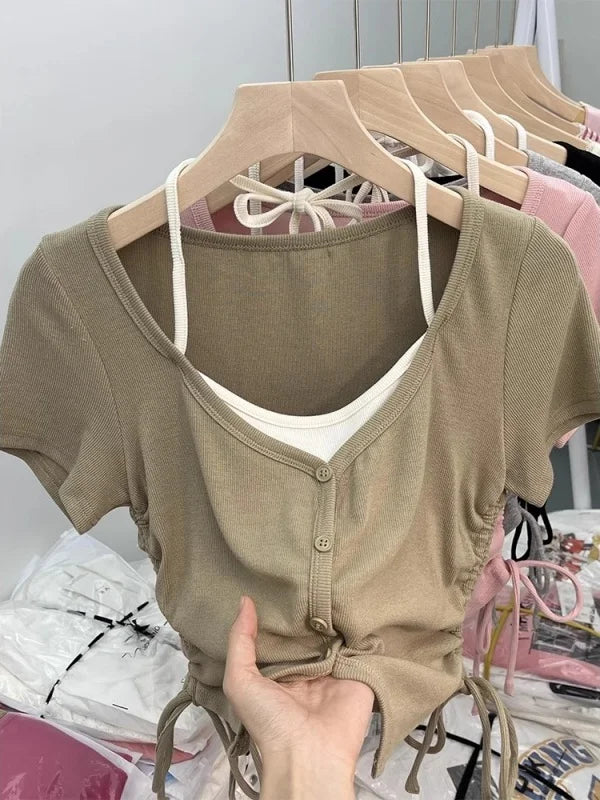 Sweet And Spicy Short Sleeve T-Shirt Neck Hanging Design Slimming Short Style Korean Version Commute Wind Women's Top