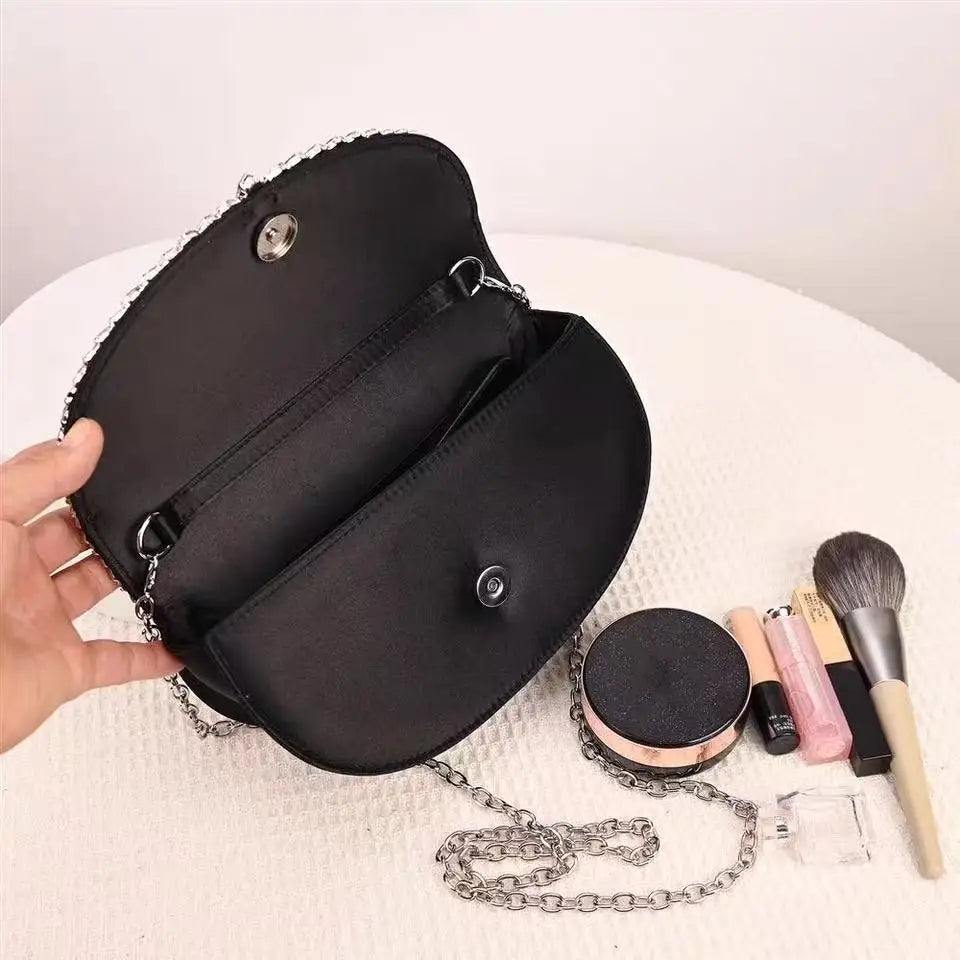 Luxury Satin Moon Bag Glitter Rhinestones Diamond Evening Bag Fashion Women Handbag Wedding Party Clutch Purse Shoulder Bag
