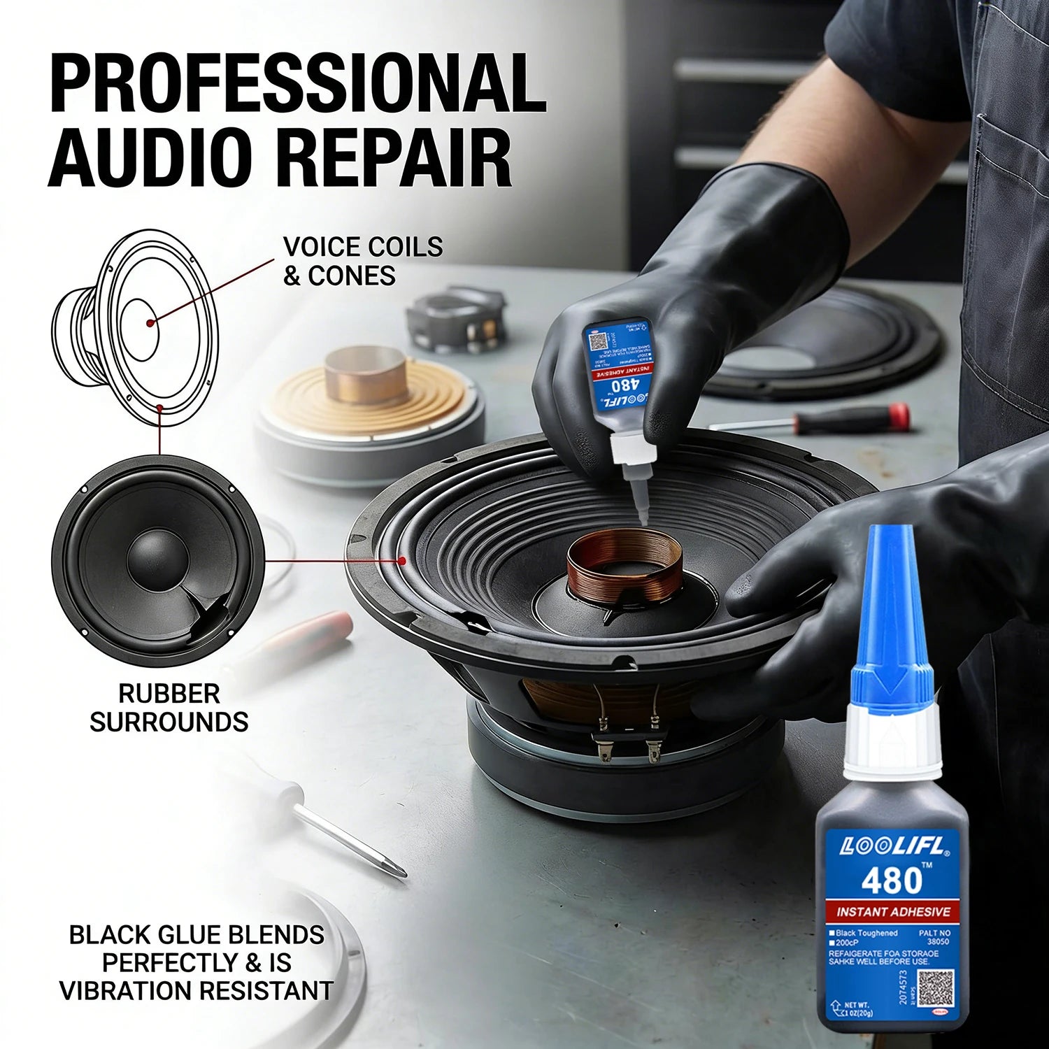LOOLIFL 480 Black Instant Adhesive - Strong Bond for Rubber Tires, Speaker Cones, Automotive & Audio Repair,Vibration Proof Glue