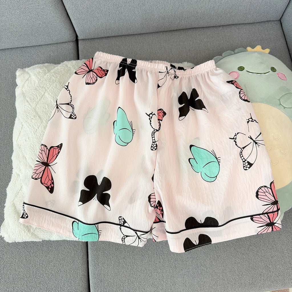 Women's Summer Pajamas, Thin Butterfly Pattern Short-Sleeved Shorts, Sweet and Cute, Can Be Worn Outside in Summer, Two-Piece Home Wear Set