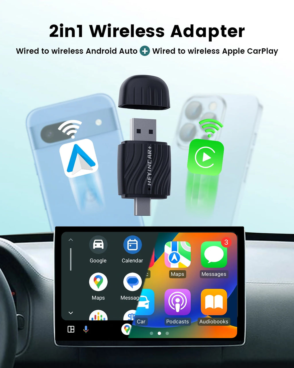 HEYINCAR 2 in 1 Interface Wireless CarPlay/Android Auto Wireless USB/TYPE-C Adapter Smart Mini Box Plug Fast Connect Universal