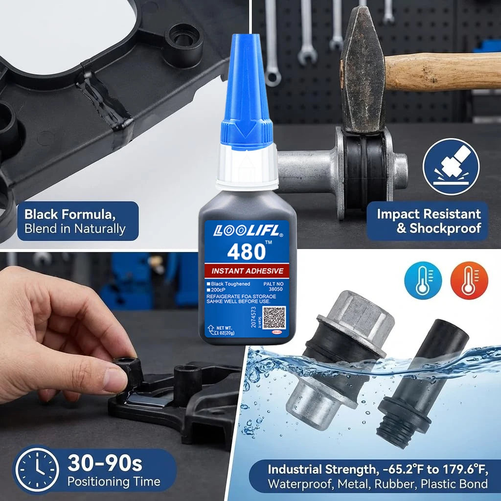 LOOLIFL 480 Black Instant Adhesive - Strong Bond for Rubber Tires, Speaker Cones, Automotive & Audio Repair,Vibration Proof Glue