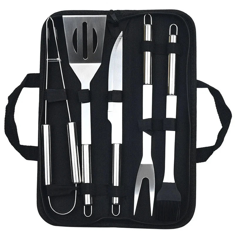 Stainless Steel Complete BBQ Tool Set Portable Storage Cloth Bag Grill Baking Accessories For Outdoor Barbecue Camping Cooking