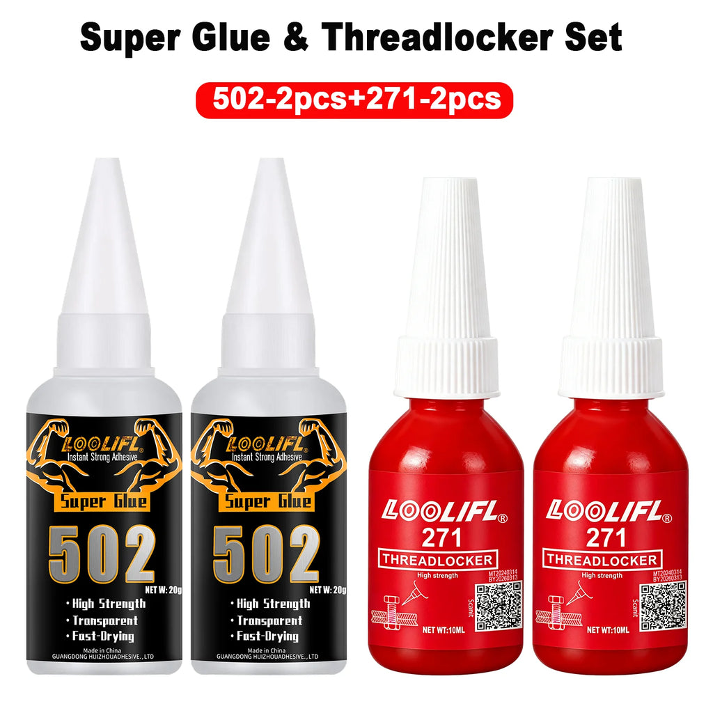 LOOLIFL Super Glue 502 & Threadlocker Set 243 Medium Strength 271 High Strength Anaerobic Screw Lock Glue Instant Cyanoacrylate Adhesive Sealant for Metal Wood Ceramic Repair