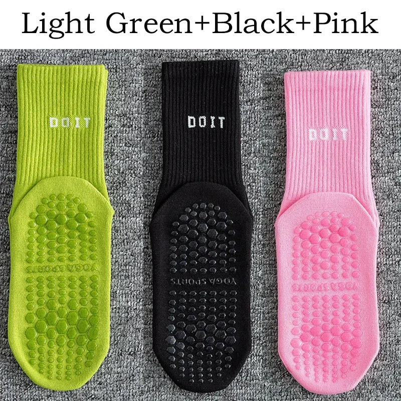 3Pairs Yoga Socks for Women Cotton Solid Mid Calf Pilates Socks Simple Sports Dance Fitness Training Cushion Socks