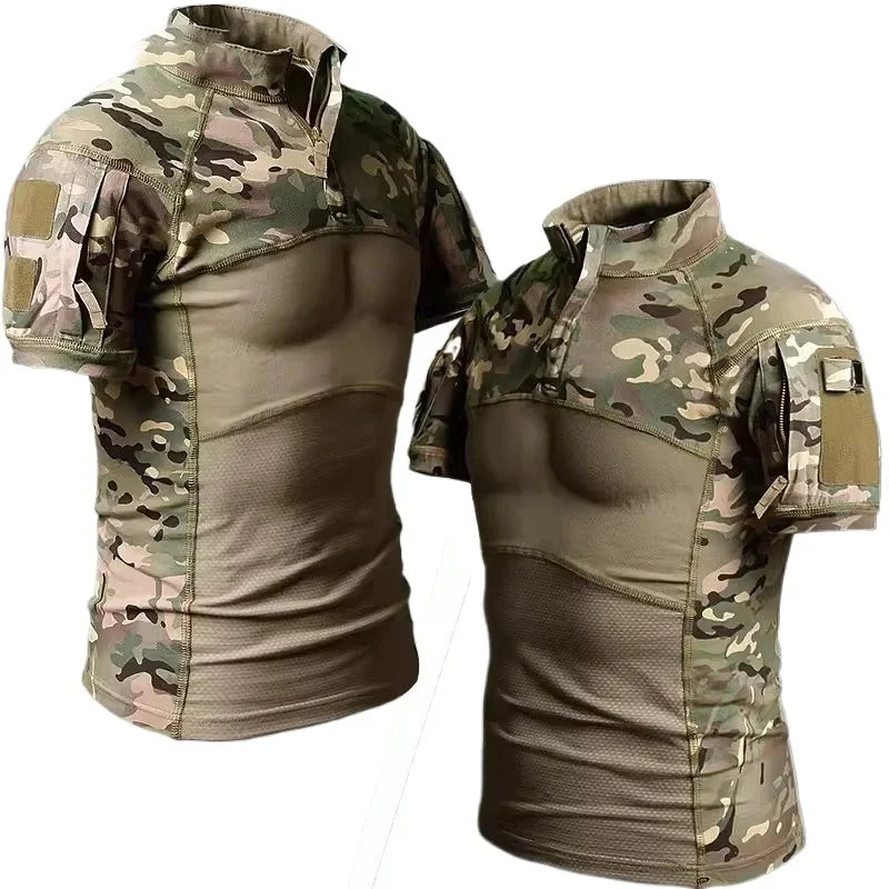 Summer Shirts Combat Tops Half Zipper Knitting Camo Hiking T-shirts Tactical T-shirt Breathable Elastic Outdoor Training Tees