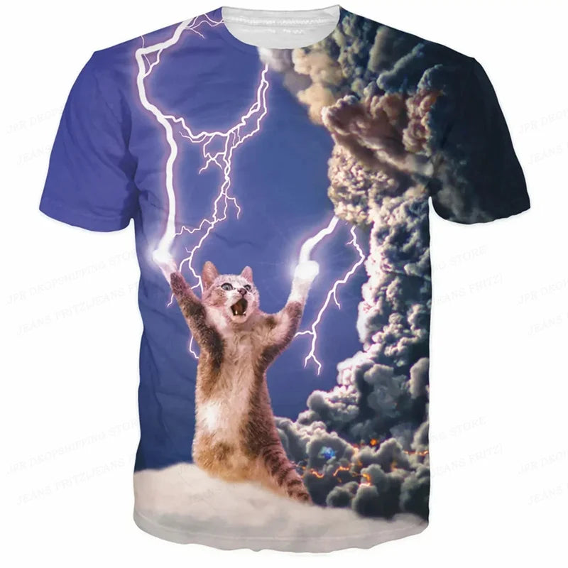 3D Printed Funny Cat T Shirt for Men Animal Food Pattern Tees Summer Street Oversize Short Sleeve Tops Loose Round Neck T-Shirts