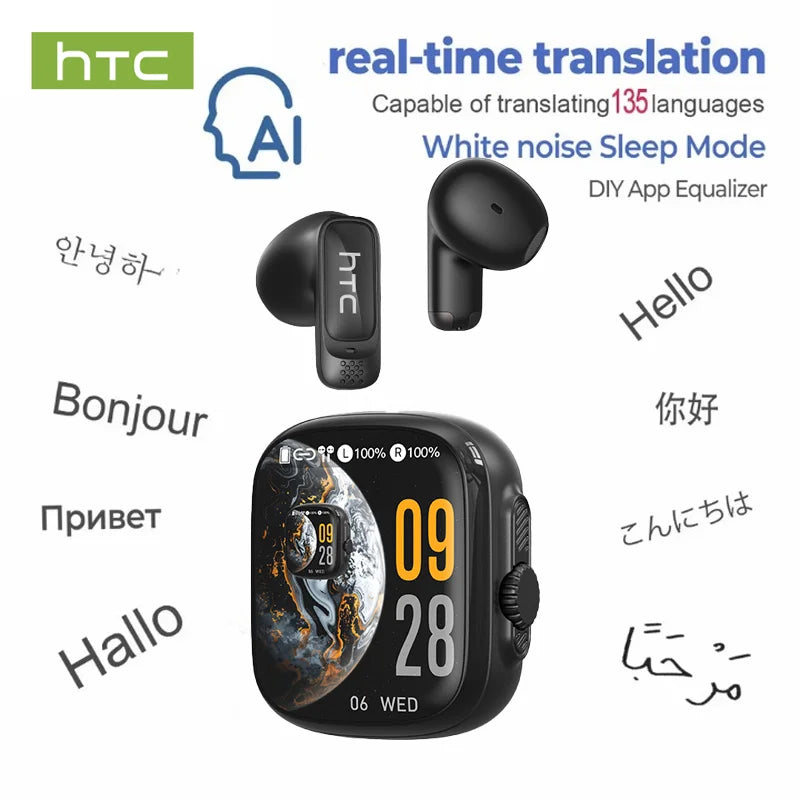 HTC NE72 TWS AI Translation Earbuds Translate Bluetooth 6.0 Headphones 30H Playtime with Smart Touch Screen for Travel Business