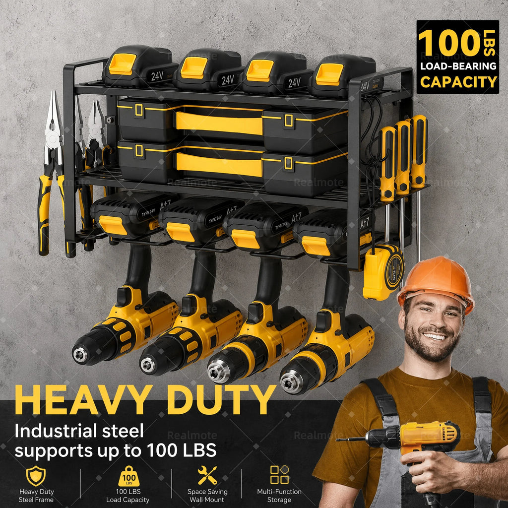 100lb Heavy Duty Wall Mounted Power Tool Organizer Rack, Alloy Steel Drill Stand Garage Storage Shelf for Workshop Shed