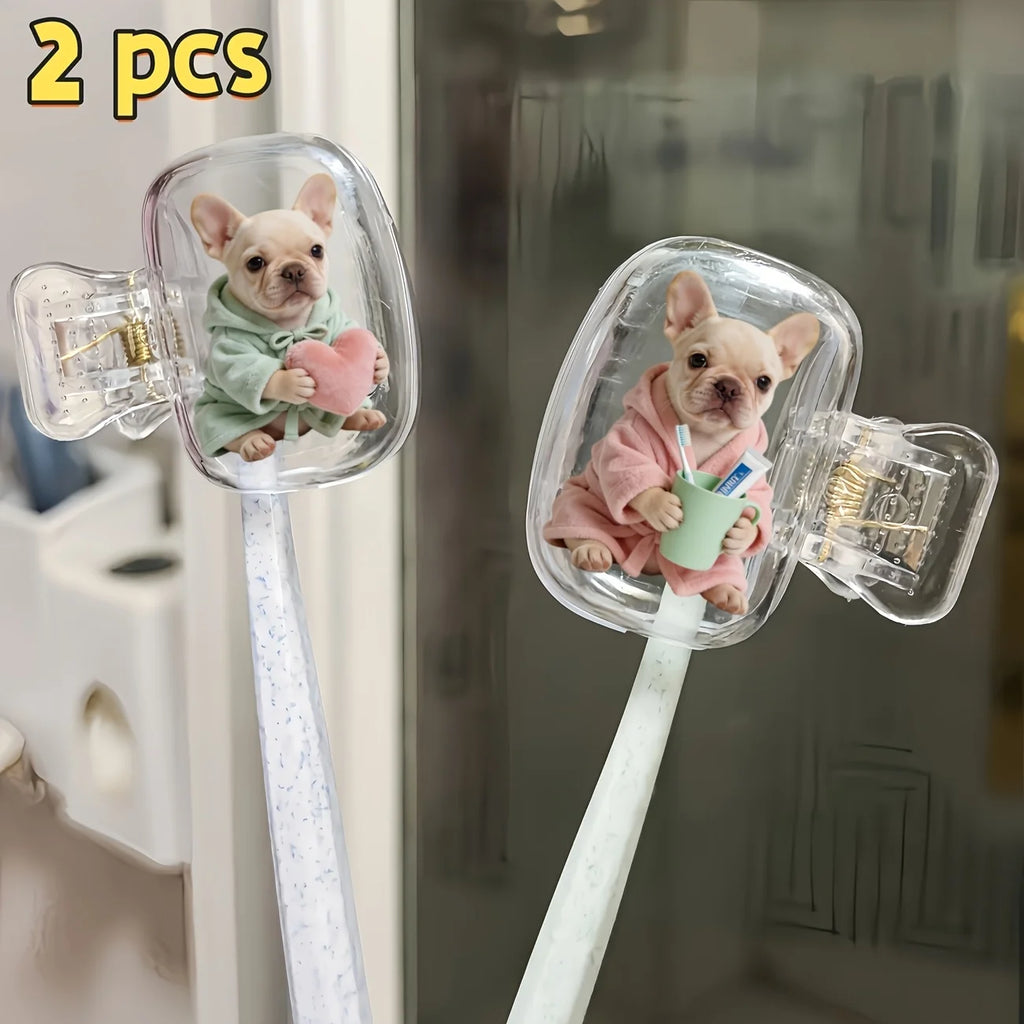 2pcs Cute French Bulldogs Portable Dustproof Odorless Toothbrush Case Travel Sets with Ventilation Holes to Keep Clean and Dry