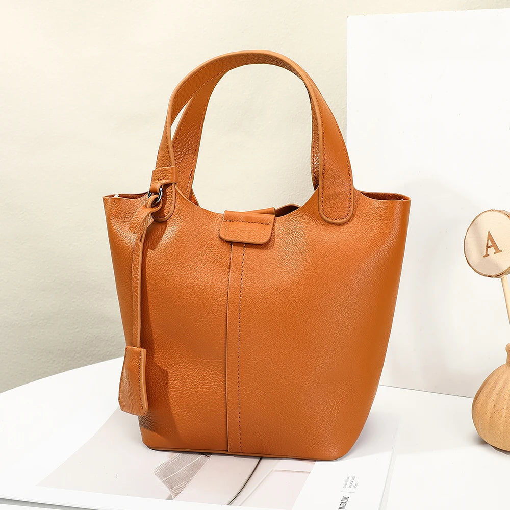 Ladies Full Grain Top Layer Cow Leather 2pcs Bag Set Small Tote Bucket Handbag Detachable Strap Crossbody Bag with Matching Clut