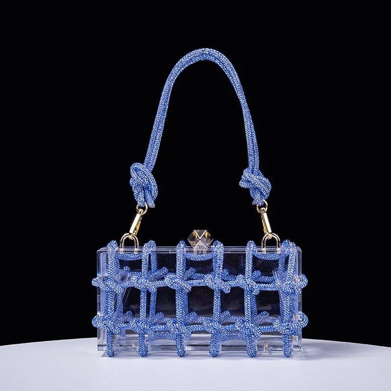 New Diamond Clear Acrylic Box Evening Clutch Bags Women Boutique Woven Knotted Rope Rhinestone Purses And Handbags Wedding Party