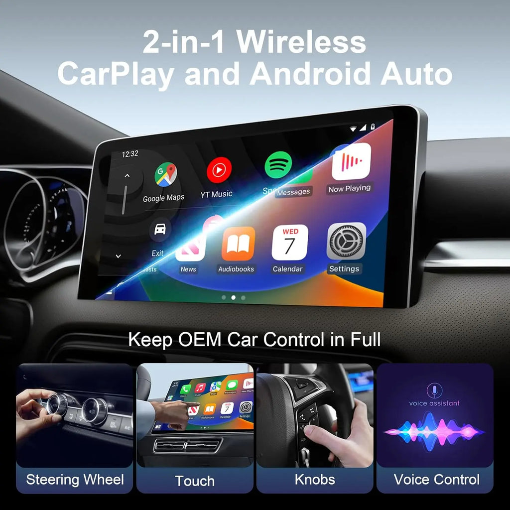Wireless CarPlay Adapter, Converts Wired to Wireless CarPlay & Android Auto, USB-A USB-C, for iPhone & Android, 98% Cars 2016+