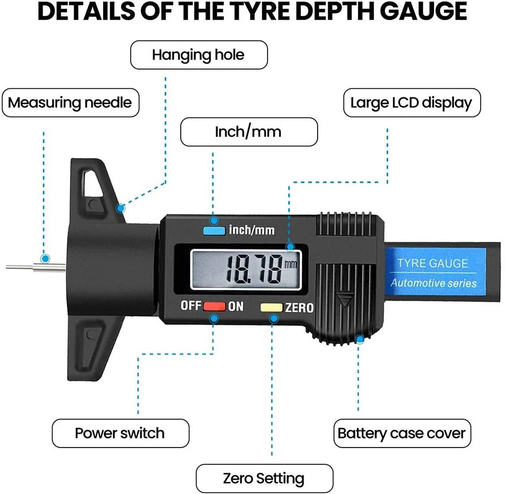 Thickness Gauges Digital Car Tyre Tire Tread Depth Gauge Meter Measurer Tool Caliper Tread Brake Pad Shoe Tire Monitoring System