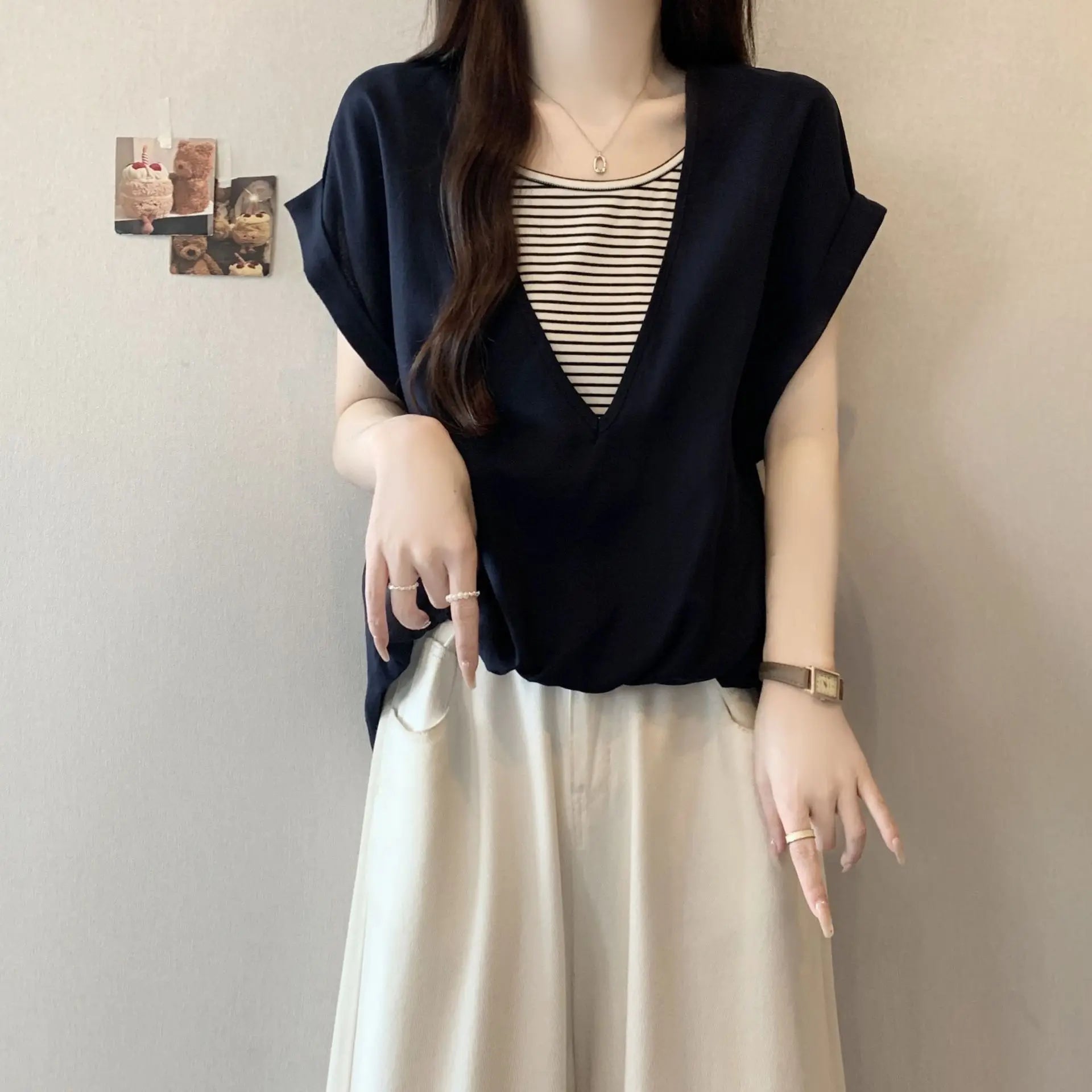 Summer Plus Size Women's Hot-selling Contrast Color Striped Loose Hiding Flesh Slimming Round Neck Short Sleeve T-shirt