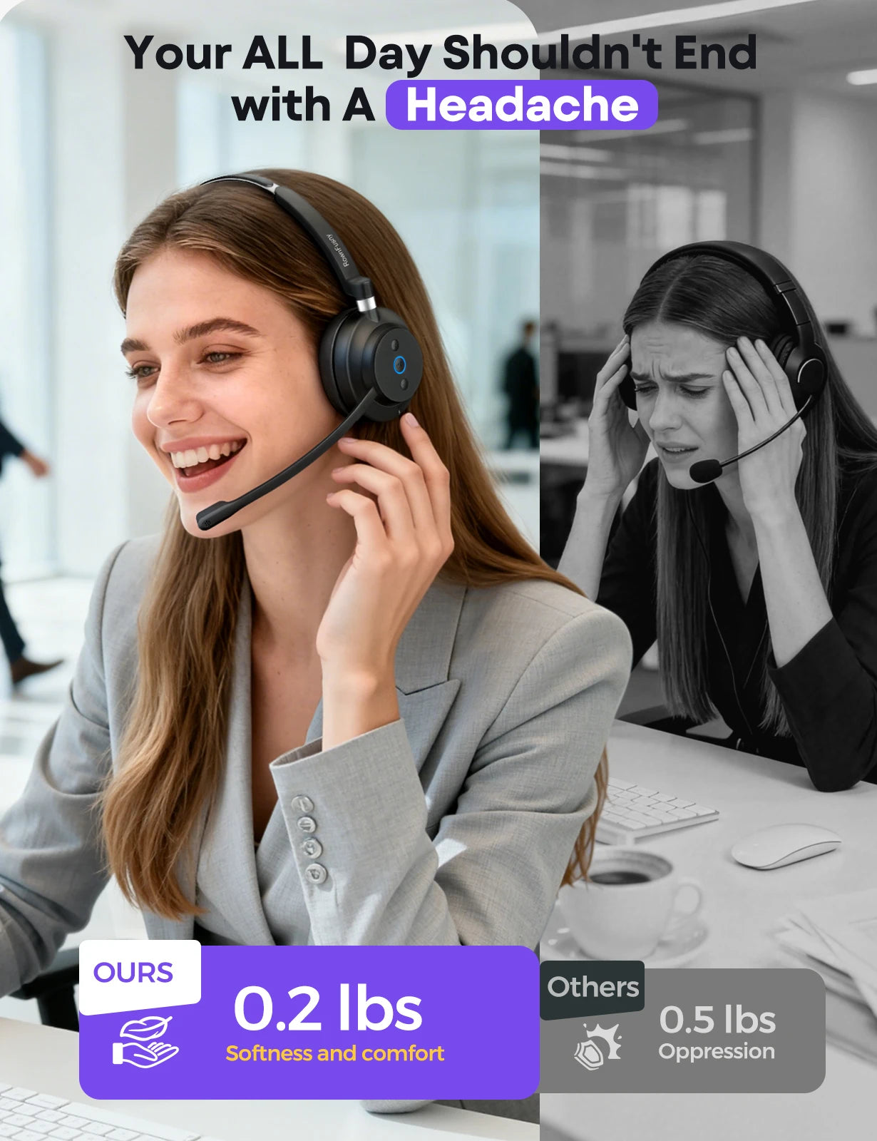 RownFusny Wireless Headset with Mic for Work Bluetooth & USB Dongle Computer Headset for Office/Home/CallCenter/Teams/Zoom/Skype