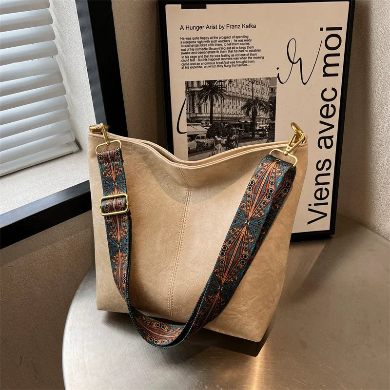 Women Vintage PU Leather Shoulder Bag Large Capacity Hobo Tote Wide Strap Casual Crossbody Purse Daily Handbag Quality