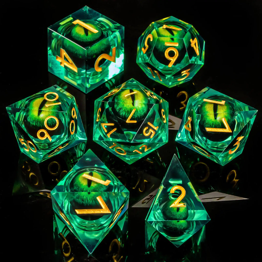Dragon Eye Dice Set with Full Liquid Core & Sharp Edge | for D&D, Pathfinder RPG | Metallic Resin Dungeon Master Dice | for Gift