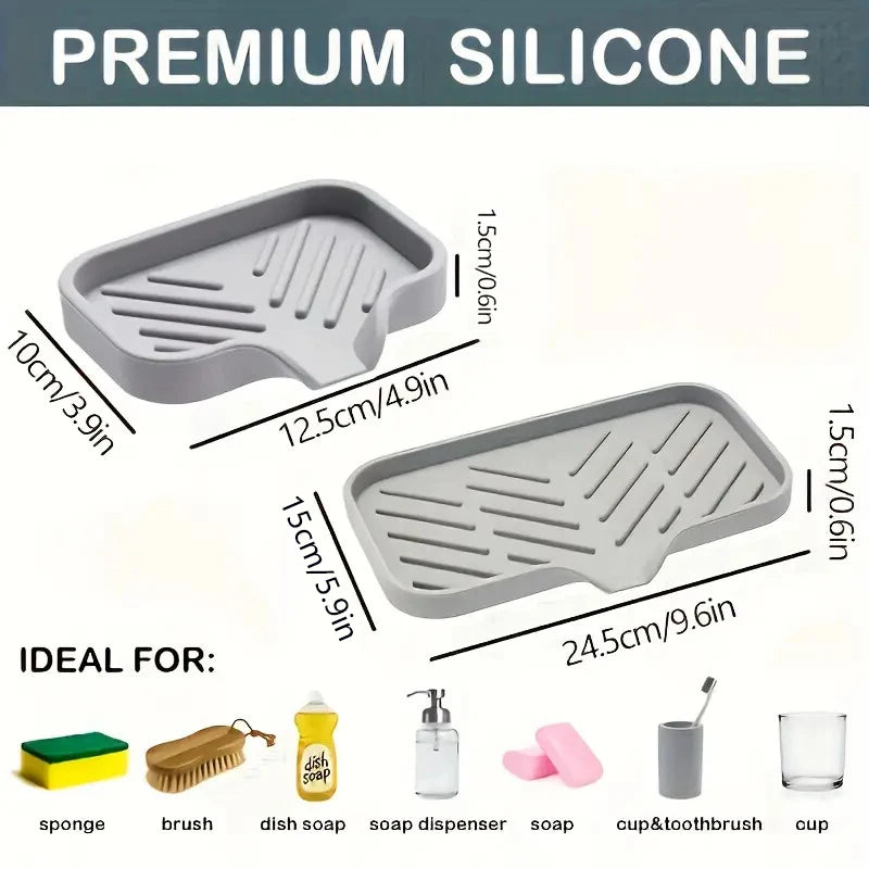 2PCS Silicone Faucet Mat Sink Tray Soap Dispenser Sponge Drain Pad Sink Splash Drying Mat Countertop Storage Tray SoapTray
