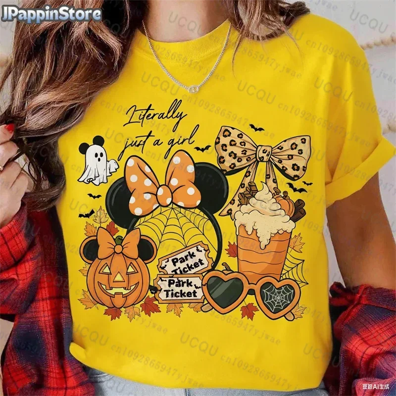 Pumpkin Mickey Halloween Short Sleeve Summer Sport Casual Women's Clothing Streetwear Classic Creative Pullover Y2K Streetwear