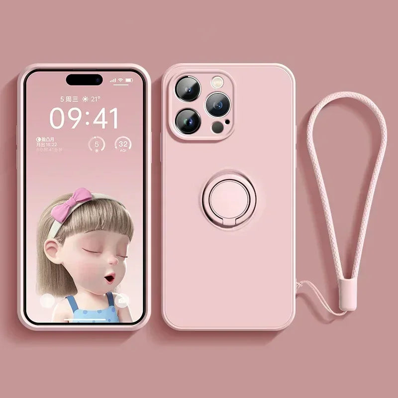 Liquid Silicone Case For iPhone 16 16e 15 13 Mini 14 12 11 Pro Max Plus Phone Holder Ring Stand Protect Cover With Wrist Strap