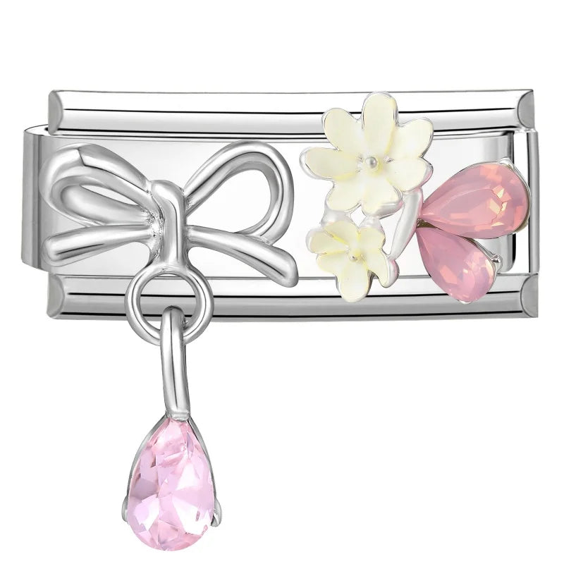 Y2K Zircon Pink Heart Star Butterfly Bow Long Italian Charm Link Fit 9mm Bracelet Stainless Steel Women DIY Making Jewelry Gifts