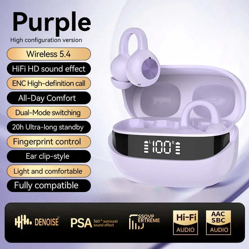 K30 Ear Clip Bluetooth 5.4 Wireless Earphones Digital Display Open Ear Sports Headset