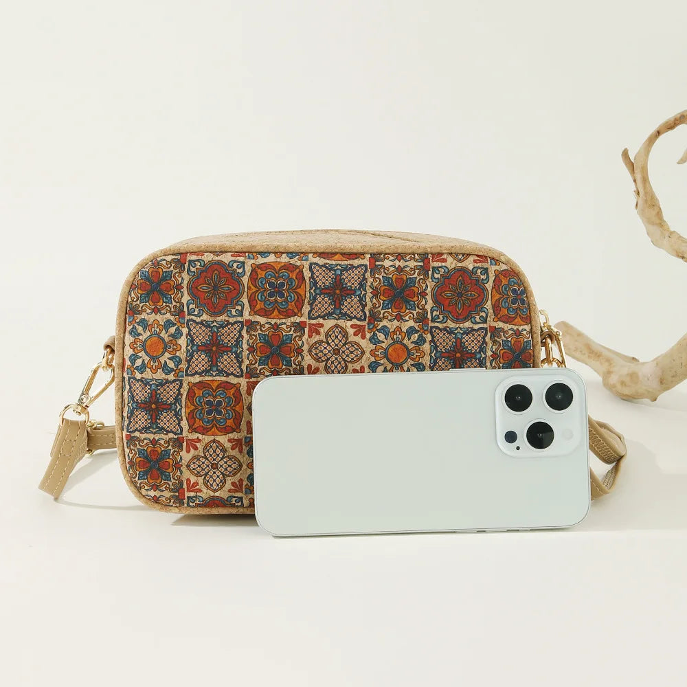 8pcs Crossbody Bags Women Retro Cork Leather National Printing Light Protable Cross Phone Bag