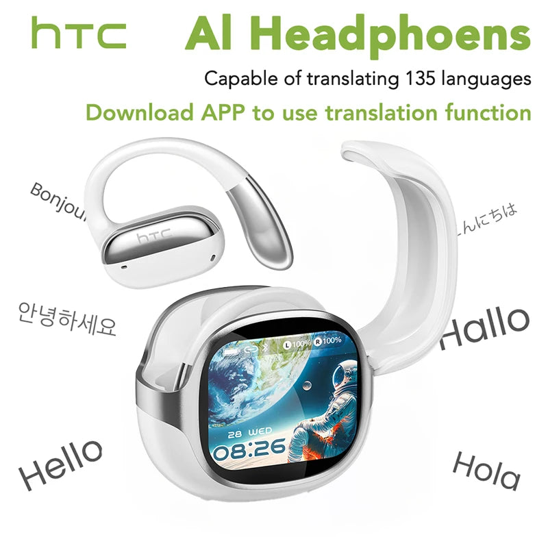 HTC NE58 Wireless Earphones Bluetooth LED Touch Screen AI Translate Earbuds HiFi Sound HD Call With Mic Bone Conduction