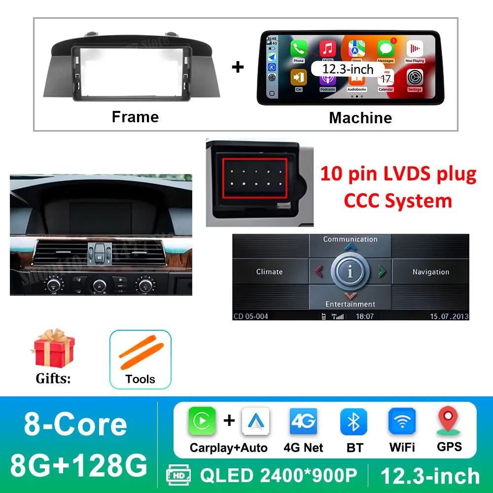 12.3 '' Ultra-thin Screen Android 16 BT for BMW 5 Series E60 E61 E62 2004 - 2012 CIC CCC System GPS Car Video Multimedia Player