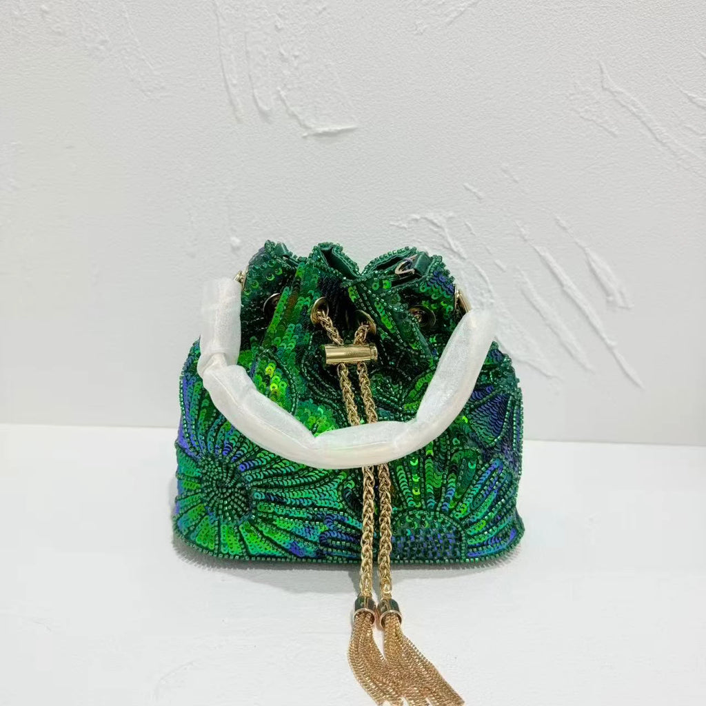 Women Bead Embroidery Shoulder Bag Women Fashionable Sequins Crossbody Chain Bucket Bag Handbag Shoulder Bags
