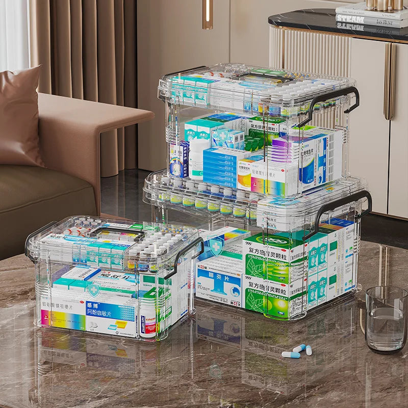 Transparent Double-Layer Medical Box Portable First Aid Medicine Box Home Handheld Large Capacity Child Medication Organizer