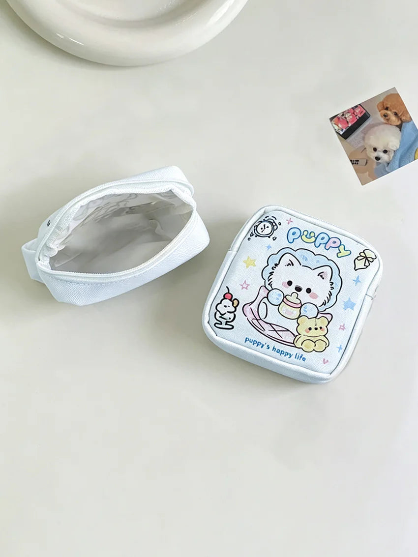 Cute Puppy Print Storage Pouch, Light Blue Handheld Organizer for Cosmetics, Cables, Coins, Travel Must-have