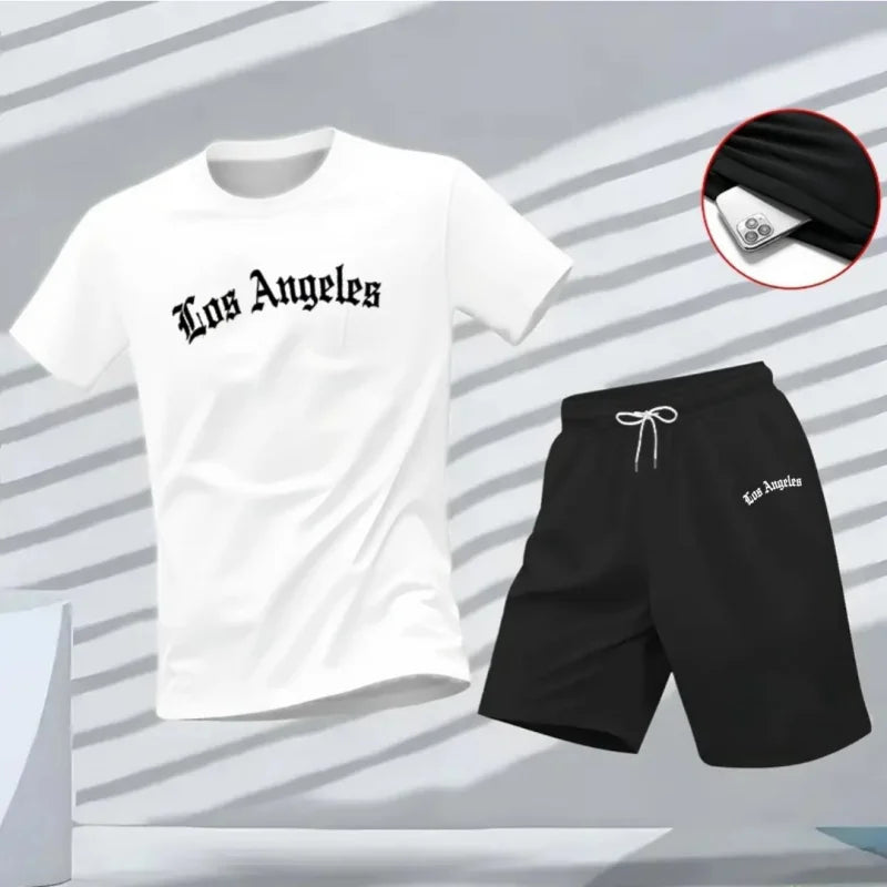 Men's Los Angeles Letter Print Tracksuit 2-Piece Set O-Neck Short Sleeve Shirt And Shorts plus Size Running Suit
