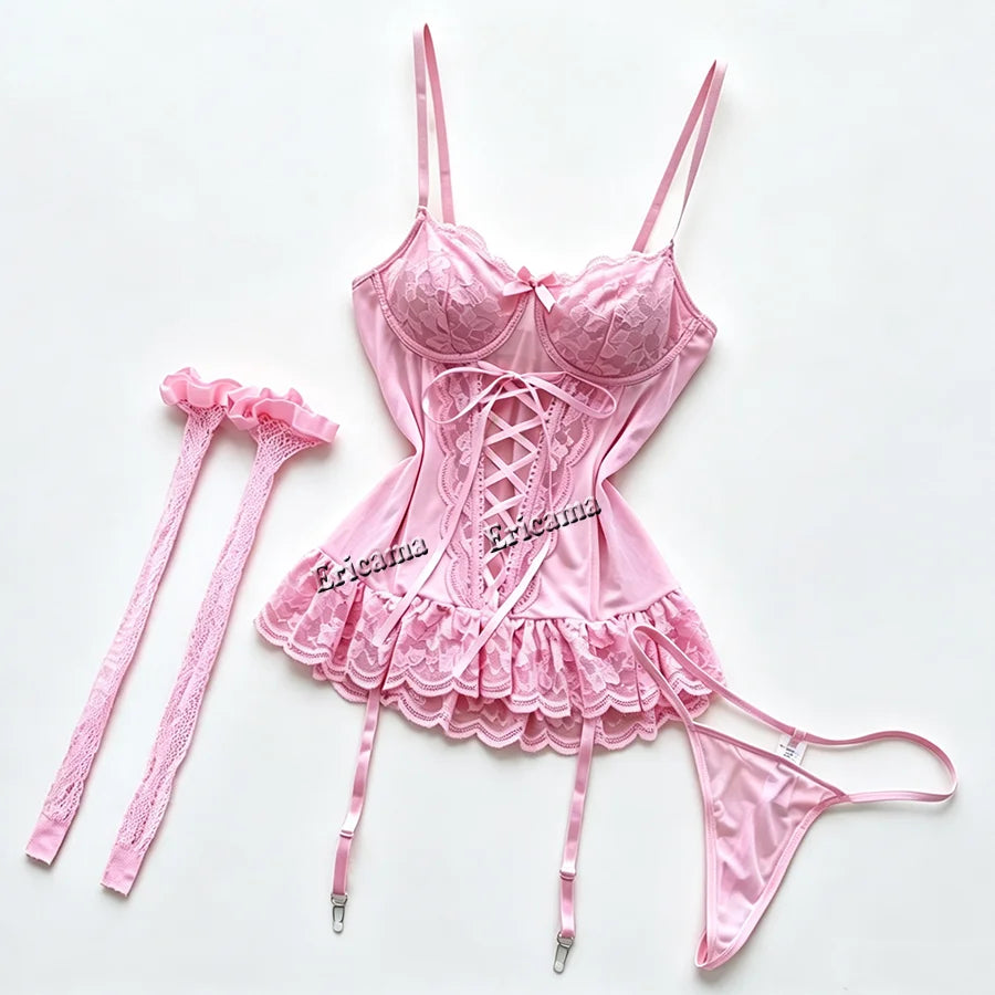 Women's Sexy Lingerie Set Bow Lace-Up Sensual Dress Set Fashion Uniform - Trendy Comfortable Dress Set Erotic Bra Set New