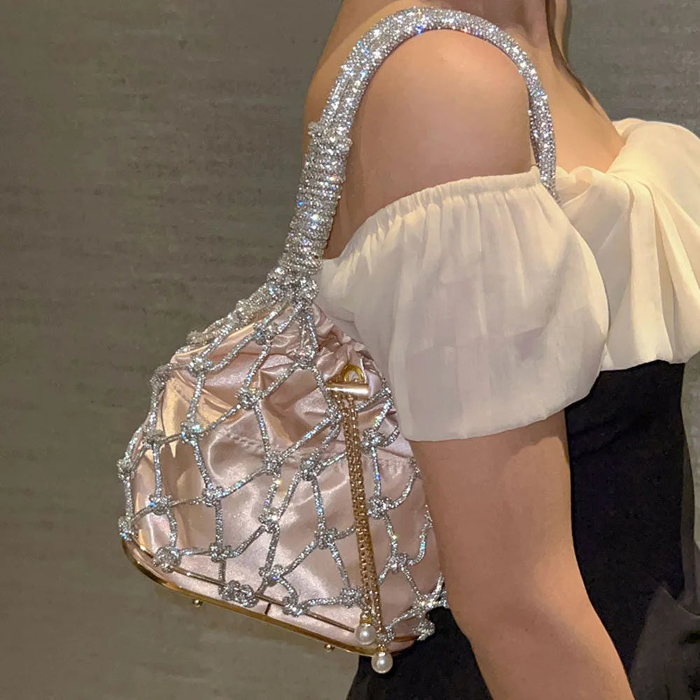 New Spring Summer Hollow Out Women Handbag Shiny Rhinestone Mesh Bag Bucket Shape Underarm Bag Trendy Shoulder Bags For Ladies